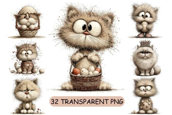 32 Whimsical Easter Cat PNG Clipart