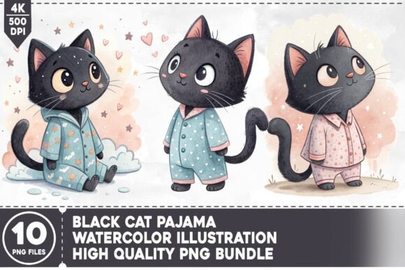 Black Cat Pajama PNG Bundle for Creative Projects