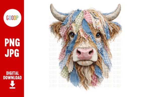 Charming Highland Cow Patchwork Farmhouse PNG for Creative DIY Projects