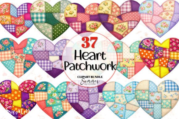 Heart Patchwork Stitched Fabric Clipart: A Creative Resource for Crafters and DIY Enthusiasts