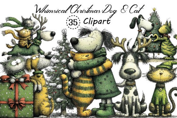 Whimsical Christmas Dog Cat Clipart: Festive Fun for Creative Projects